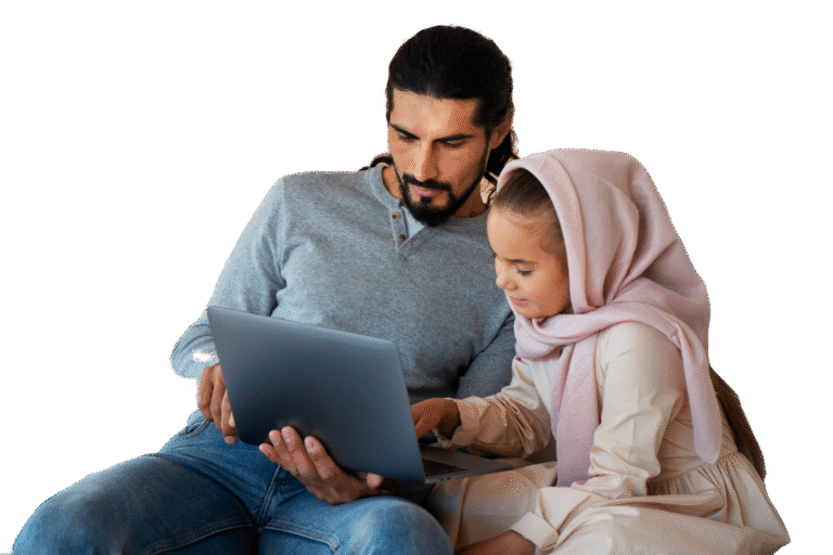"A father and daughter comfortably planning their custom Morocco itinerary on a laptop, representing the easy booking process with Baraka Trips."