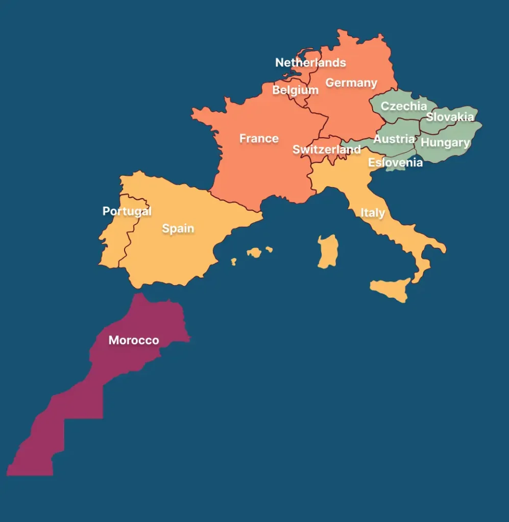 Map displaying Halal and Islamic travel destinations by Baraka Trips, including Spain, Morocco, Central Asia, and the Middle East.