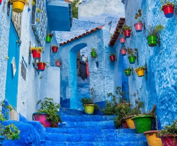 The famous blue-washed streets and doors of the Chefchaouen Medina.