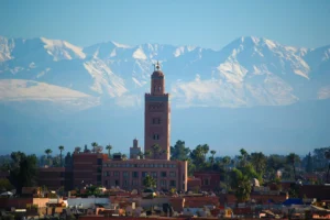 The Koutoubia Mosque minaret towering over the Marrakech skyline.