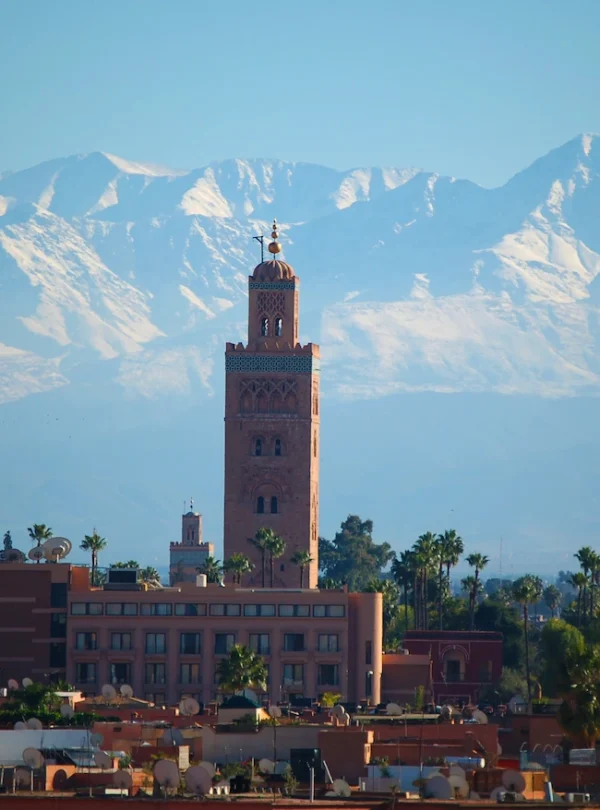 The Koutoubia Mosque minaret towering over the Marrakech skyline.