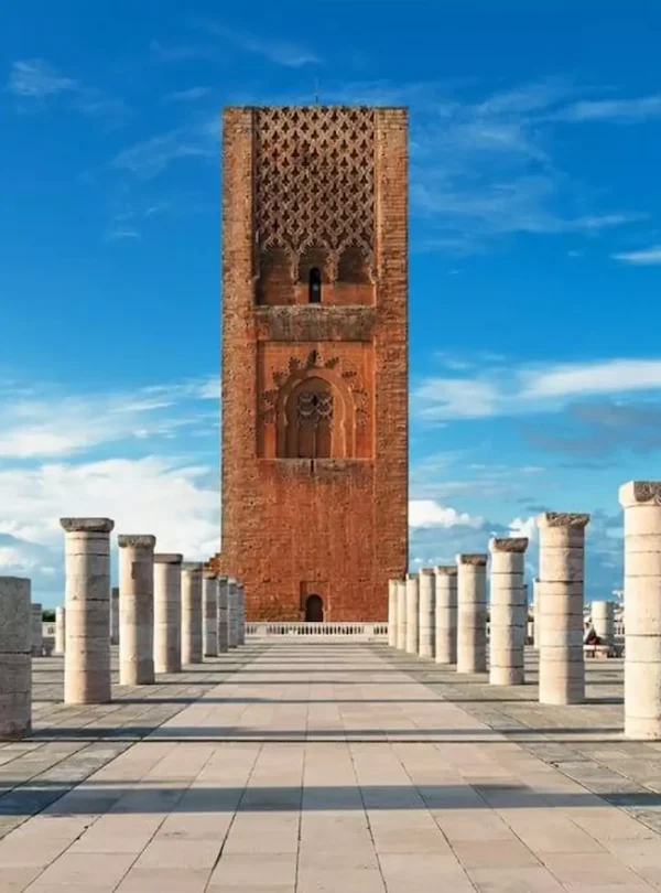The historic Hassan Tower and marble pillars in Rabat.